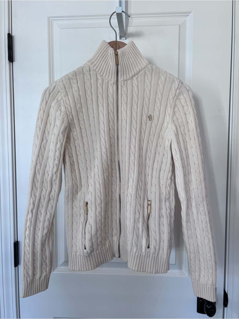 Ralph Lauren Ivory Cable Knit Full Zip Sweater Cardigan Size Medium EUC